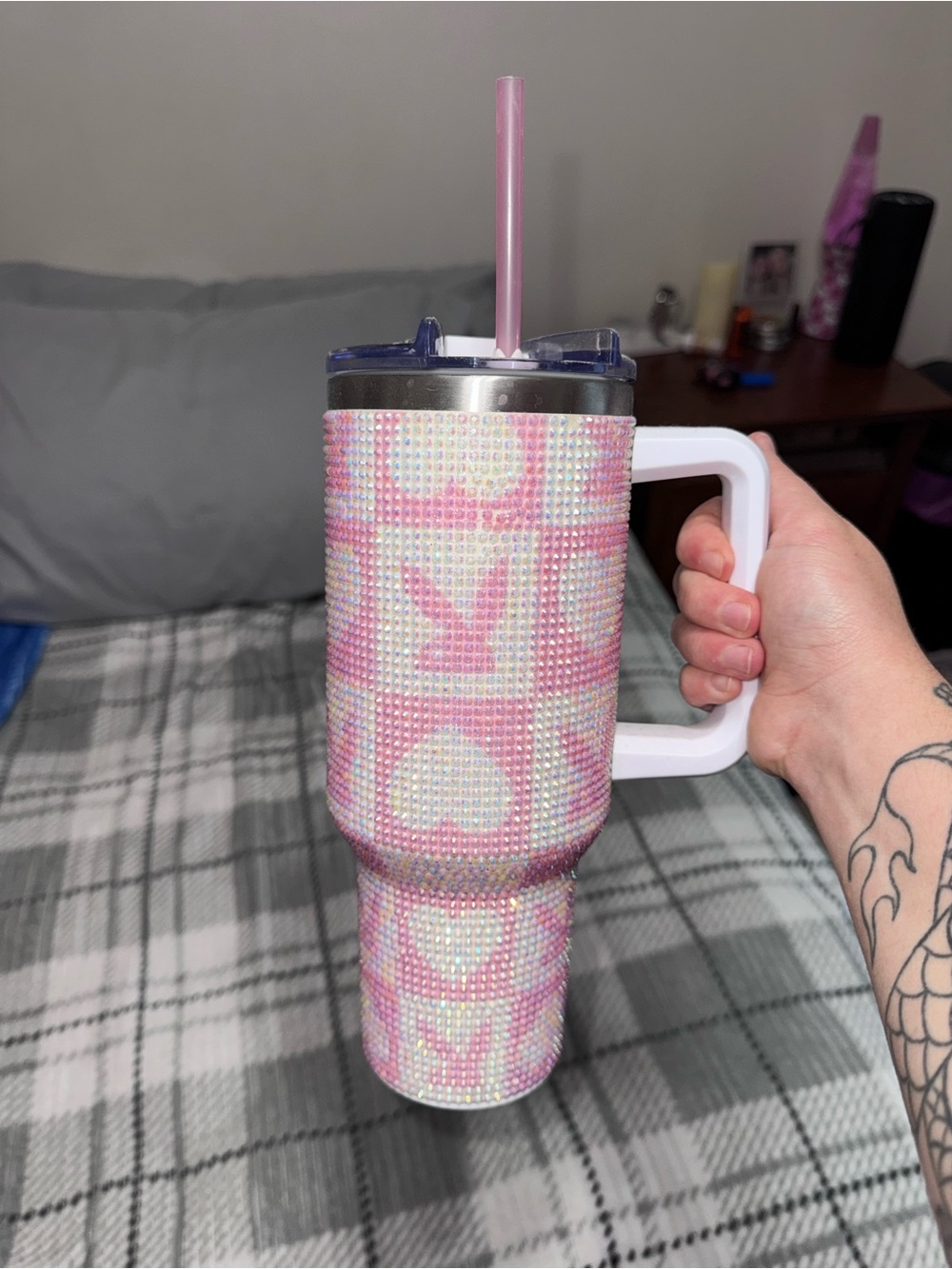 Pink Rhinestone Heart and LOVE Travel Tumbler with Handle